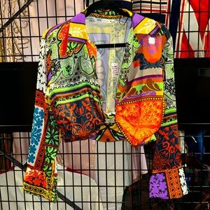 Zara Colorful Patchwork Printed Tie Front Cropped Blouse